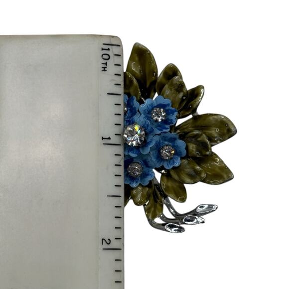 Vintage Coro Floral Bouquet Brooch Pin Enamel Green Blue Rhinestone Summer - Picture 11 of 13
